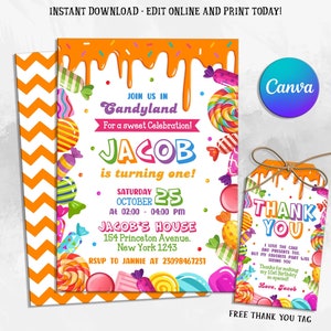 Może przedstawiać: Drukowane zaproszenie na pierwsze urodziny z motywem słodyczy. Zaproszenie zawiera kolorowy wzór słodyczy z tekstem "Dołącz do nas w Candyland na słodkie świętowanie!" i "Jacob kończy roczek!" Zaproszenie zawiera również datę, godzinę i miejsce imprezy. Dołączona jest bezpłatna etykieta z podziękowaniem z tekstem "Dziękuję. Uwielbiam ciasto i prezenty, ale najbardziej ucieszyło mnie wasze przybycie. Dziękuję, że sprawiliście, że moje pierwsze urodziny były tak wyjątkowe. Z miłością, Jacob."