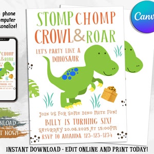 Editable Dinosaur Invitation, DInosaur Birthday Party Invitation, Dinosaur Party Invitation Template, Dinosaur Theme Invitation