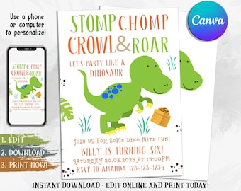 Editable Dinosaur Invitation, DInosaur Birthday Party Invitation, Dinosaur Party Invitation Template, Dinosaur Theme Invitation