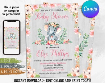 May include: A baby shower invitation with a pink and gray elephant illustration surrounded by flowers. The text reads "Please join us for a Baby Shower in honor of Elise Phillips. Sunday, December 20, 2020 at 12:00pm. The Elise Phillips Residence, 345 Forest Right KM, Loveland, HW 56789. RSVP to Merry 777-777-7777. Registered at Michael and Adersond. Instant Download - Edit Online and Print Today!"