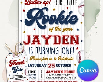 Baseball 1st Birthday Invitation, Rookie of the Year Invite, Sports First Birthday Party Theme, Boy Baseball Invite, Editable Canva Template