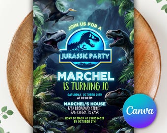 Dinosaur Birthday Invitation, Jurassic Party Invite, Dino World Birthday Party, Park Invitation, Editable Canva Template