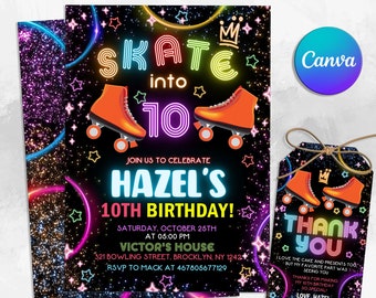 Pode incluir: Um convite de aniversário rosa neon, azul e verde com fundo preto e glitter. O convite diz "Skate into 10" com uma coroa acima da palavra "Skate". Dois patins de rodas laranja estão de cada lado do número "10". O convite é para o 10º aniversário de Hazel. Um cartão de agradecimento com o mesmo design está incluído.