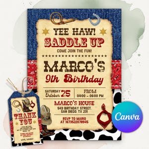 Yee Haw Cowboy Birthday Invitation, Saddle Up Western Party Invite, Blue Denim and Cowhide Theme, Wild West Bday, Editable Canva Template