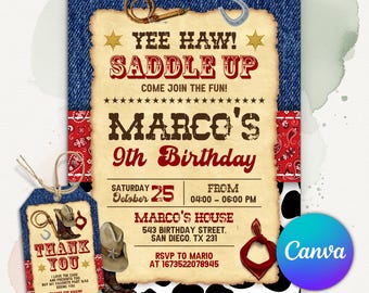Yee Haw Cowboy verjaardagsuitnodiging, Saddle Up Western Party uitnodiging, Blue Denim en koeienhuid thema, Wild West Bday, bewerkbare Canva-sjabloon