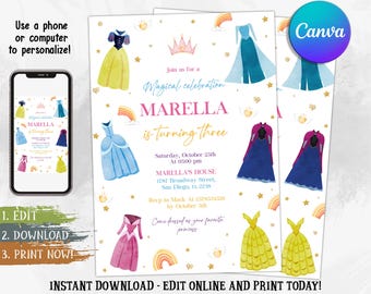Editable Princess Invitation, Princess Birthday Party Invite, Princess Dresses Invite, Magical Celebration, Royal Girl Pink Dress Up Party