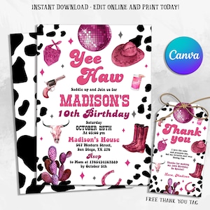 Editable Space Cowgirl Birthday Invitation, Pink Disco Cowgirl Party Invite, Nashville Party, Adult&#39;s Birthday Any Age, Instant Download