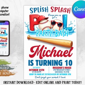 May include: A birthday party invitation with a baseball theme. The design features the words "Splish Splash Pool Party Bash" and "Michael is turning 10." Includes a baseball, sunglasses, and a baseball bat. The invitation is available to edit online.