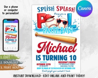 Baseball Pool Birthday Invitation: Editable Canva Template (Digital Download 5x7 in