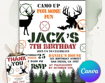 Camo Jagd-Geburtstagseinladung, Deer Hunter Party einladen, Camo-Geburtstagsfeier-Einladung, digitaler Download, bearbeitbare Canva-Vorlage