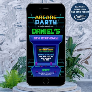Arcade Electronic Invitation, Arcade Birthday Invitation, Retro Video Gaming, Arcade Birthday Party, Neon Glow Gaming Invitation
