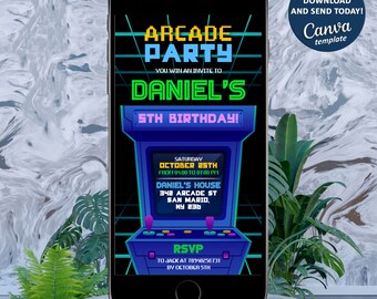 Arcade Electronic Invitation, Arcade Birthday Invitation, Retro Video Gaming, Arcade Birthday Party, Neon Glow Gaming Invitation