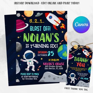 Pode incluir: Um convite imprimível para uma festa de aniversário com tema espacial. O convite apresenta um foguete, planetas, estrelas e um astronauta. O texto do convite diz "Blast Off! Nolan's is turning six!" com a data e hora da festa. Também está incluído um cartão de agradecimento correspondente.