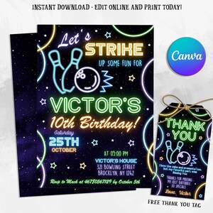 Bowling Party Invitation, Editable Bowling Birthday Invitation, Kids Bowling Invitation, Let&#39;s Strike Up Some Fun Pins, Glow Galaxy