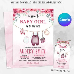 A Sweet Baby Girl is on Her Way Baby Shower Invitation, Girl Baby Clothes Baby shower Invitation, Girl is on her way Laundry Pink Floral