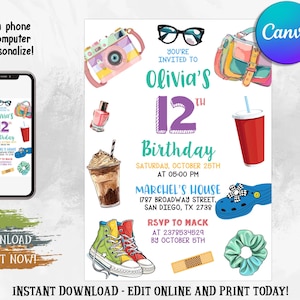 VSCO Birthday Party Invitation, Girl Birthday Invitation, Teen Tween Party Invite, Any Age, Digital Editable Printable, Instant Download