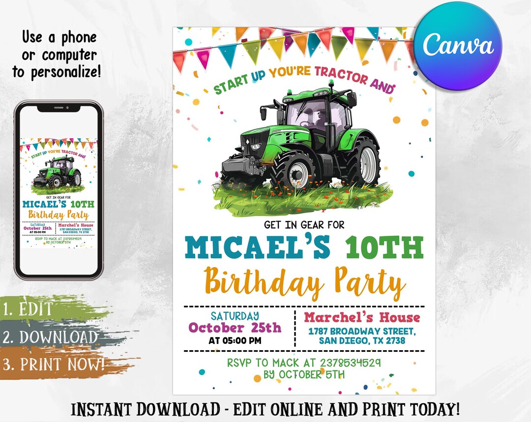 Editable Tractor Invitation, Green Tractor Birthday Party Invitation ...