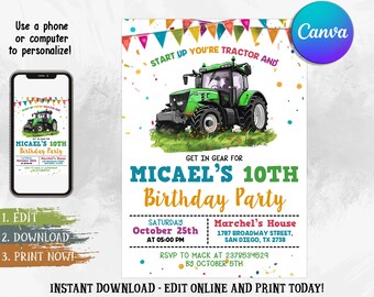 Editable Tractor Invitation, Green Tractor Birthday Party Invitation, Farm Vehicles Theme Birthday Invite, Kid Invitation, Instant Download