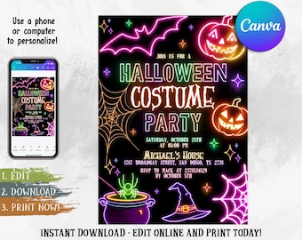 Neon Halloween Party Invitation, Spooktacular Costume Party Invite, Neon Invitation, Halloween DIY Kids Cute Invite, Editable Canva Template