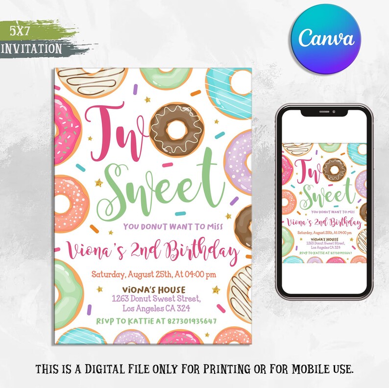 K&ouml;nnte beinhalten: Eine Donut-Motto-Geburtstagseinladung f&uuml;r ein zweij&auml;hriges Kind. Die Einladung zeigt ein buntes Donut-Muster mit dem Text "Two Sweet" und "You Donut Want To Miss Viona's 2nd Birthday". Die Einladung enth&auml;lt das Datum, die Uhrzeit und den Ort der Party. Der Text "RSVP to Kattie at 827301935647" ist ebenfalls enthalten.