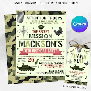 Military Party Invitations, Army Birthday Invitation, Soldier Birthday Invitation, Military Invite, Editable Canva Template
