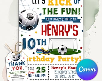 Invitación de cumpleaños de fútbol, invitación de fútbol, invitación de fútbol para niños, descarga instantánea, invitación de Let's Kick it Soccer, plantilla editable de Canva
