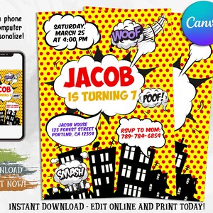 Comic Book Birthday Invitation template, Superhero Birthday Party Invitation, Superheroes Party Invite, Editable with Canva