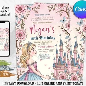 Princess Birthday Invitation, Princess Invitation ,Princess Party Invitation, Girl Princess, Editable Canva Template