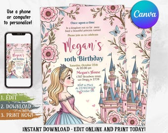 Verjaardagsuitnodiging prinses, prinsesuitnodiging, uitnodiging prinsessenfeest, prinses meisje, bewerkbare canvassjabloon
