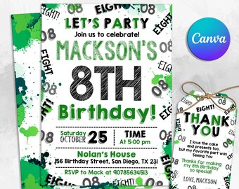 May include: Green and black birthday invitation with the text "Let's Party" and "Mackson's 8th Birthday!"  The invitation includes details for the party, including the date, time, and location. A matching thank you tag is included with the text "Thank You" and "Love, Mackson".