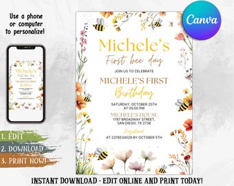 Editable Bee First Birthday Invitation, Sweet To Bee One Birthday Invitation, Bee Day Party, Cute Bee Invitation, Instant Download
