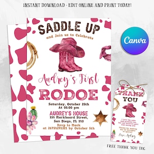 Modelo de convite de aniversário de cowgirl rosa, convite de aniversário de rodeio Firs, convites para festa de cowgirl, cartão de aniversário para qualquer idade, editável para impressão