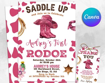 Rosa Cowgirl-Geburtstags-Einladungsvorlage, Tannen Rodeo Geburtstag einladen, Cowgirl-Party lädt ein, Geburtstagskarte jedes Alters, bearbeitbar druckbar