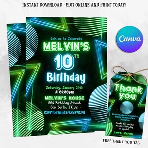 Editable Neon Birthday Party Invitation, Neon Retro Birthday Invite, Any Age Invitation, Editable Canva Template