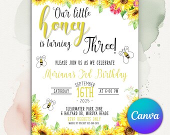 Bee Day Birthday Invitation, Sunflower Bee Party Invite, Our Little Honey, Bee-Day Girl Birthday Invitation, Editable Canva Template