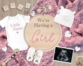 May include: A pink knitted blanket with a white baby hat, a wooden sign that says "We're Having a Girl", a white onesie that says "Little Sister", a pair of white baby shoes, a wooden rattle, and a sonogram image.