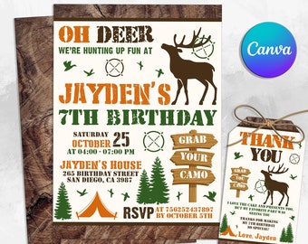 Invito di compleanno di caccia, Inviti per feste di caccia, Festa di compleanno mimetico, Oh Cervo, Invito per bambini, Modificabile, Stampabile, Download istantaneo