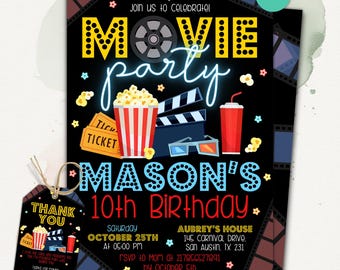 Movie Birthday Invitation, Movie Party Invites, Movie Night Invitation, Cinema Birthday Invitation, Editable Canva Template