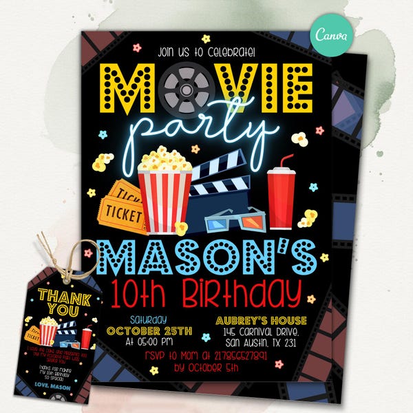 Movie Birthday Invitation, Movie Party Invites, Movie Night Invitation, Cinema Birthday Invitation, Editable Canva Template