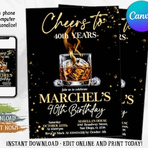 Whiskey Birthday Invitation, Surprise Party Invite, 30th 40th 50th Any Age, Cognac Scotch Liquor, Adult Men Birthday Invite, Editable Canva