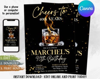 Whiskey Birthday Invitation, Surprise Party Invite, 30th 40th 50th Any Age, Cognac Scotch Liquor, Adult Men Birthday Invite, Editable Canva