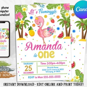 Flamingo Invitation, Flamingo Birthday Invitation, Tropical Party, Flamingo pool party, Lets Flamingle, First Birthday, Hawaiian Party
