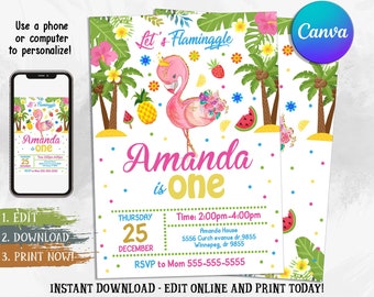 Flamingo Invitation, Flamingo Birthday Invitation, Tropical Party, Flamingo pool party, Lets Flamingle, First Birthday, Hawaiian Party