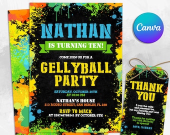 Invitación a fiesta de cumpleaños de Gellyball, fiesta de cumpleaños de Gelly Ball, invitación a fiesta de paintball, imprimible, editable en Canva