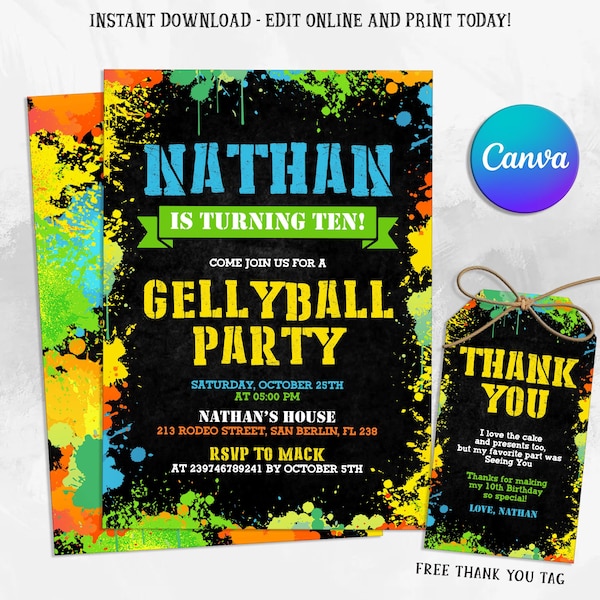 Gellyball Birthday Party Invitation, Gelly Ball Birthday Party, Paintball Party Invitation, Printable, Editable in Canva