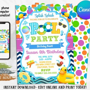 Editable Pool Birthday Invitation, Poll Party Invitation, Spish Splash Invitation, Digital Canva