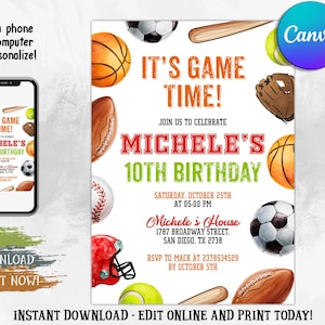 Sports Birthday Invitation Baseball Basketball Football Printable Sports Theme Invitation Template Ball Sports Birthday Party Invitation