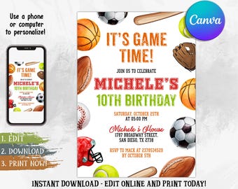 Sports Birthday Invitation Baseball Basketball Football Printable Sports Theme Invitation Template Ball Sports Birthday Party Invitation