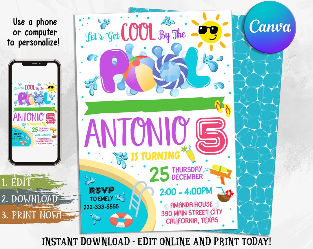 EDITABLE Pool Party Invitation, Pool Party Birthday Invitation, Pool ...
