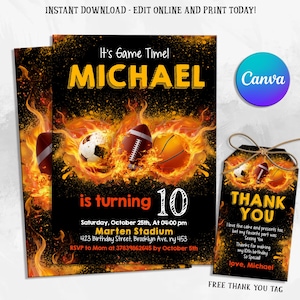 Convite para festa de aniversário esportivo, convite para tema esportivo, All Star Baseball, Basquete, Convite de aniversário para futebol, Download instantâneo